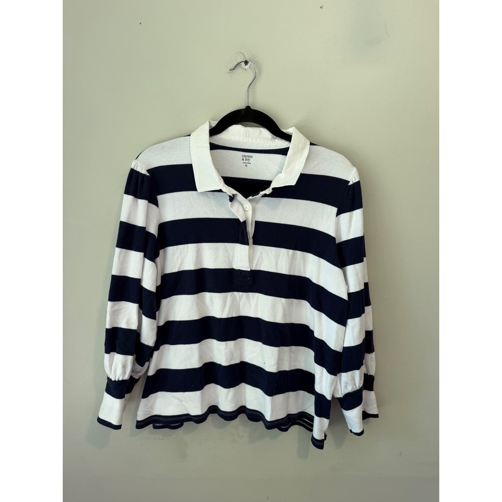 Crown & Ivy Womens XL Navy Blue White Striped Long Sleeve Polo Puff Shoulder Top